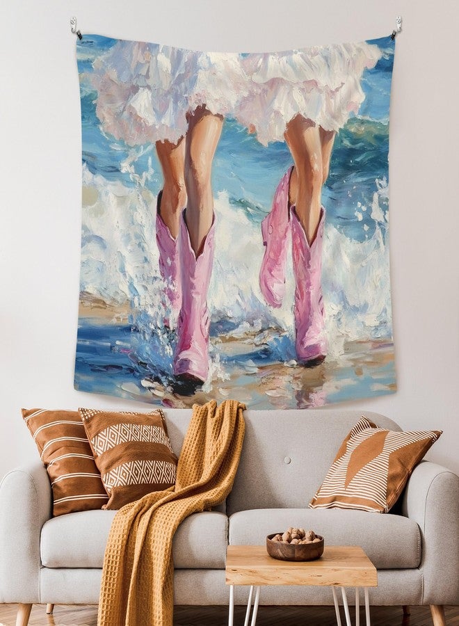 XLDLIOO Coastal Cowgirl Beach Wall Tapestry, Western Preppy Boots Tapestry Hanging for Beachy House Girly Room, Trendy Summer Ocean Tapestries Wall Decor Art for Bedroom Living Room 50x60in - Image 2